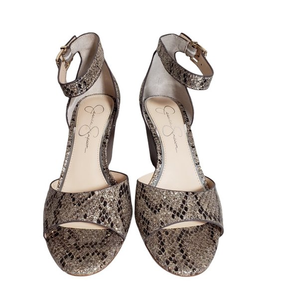 Jessica Simpson Womens Gold Snake Print Sparkle Buckle Open Toe Wedge Sandals 7M - Picture 6 of 11